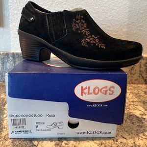 NEW! Klogs- Rosa sz 8- Black suede & embroidered black flowers -Ankle boot BNIB